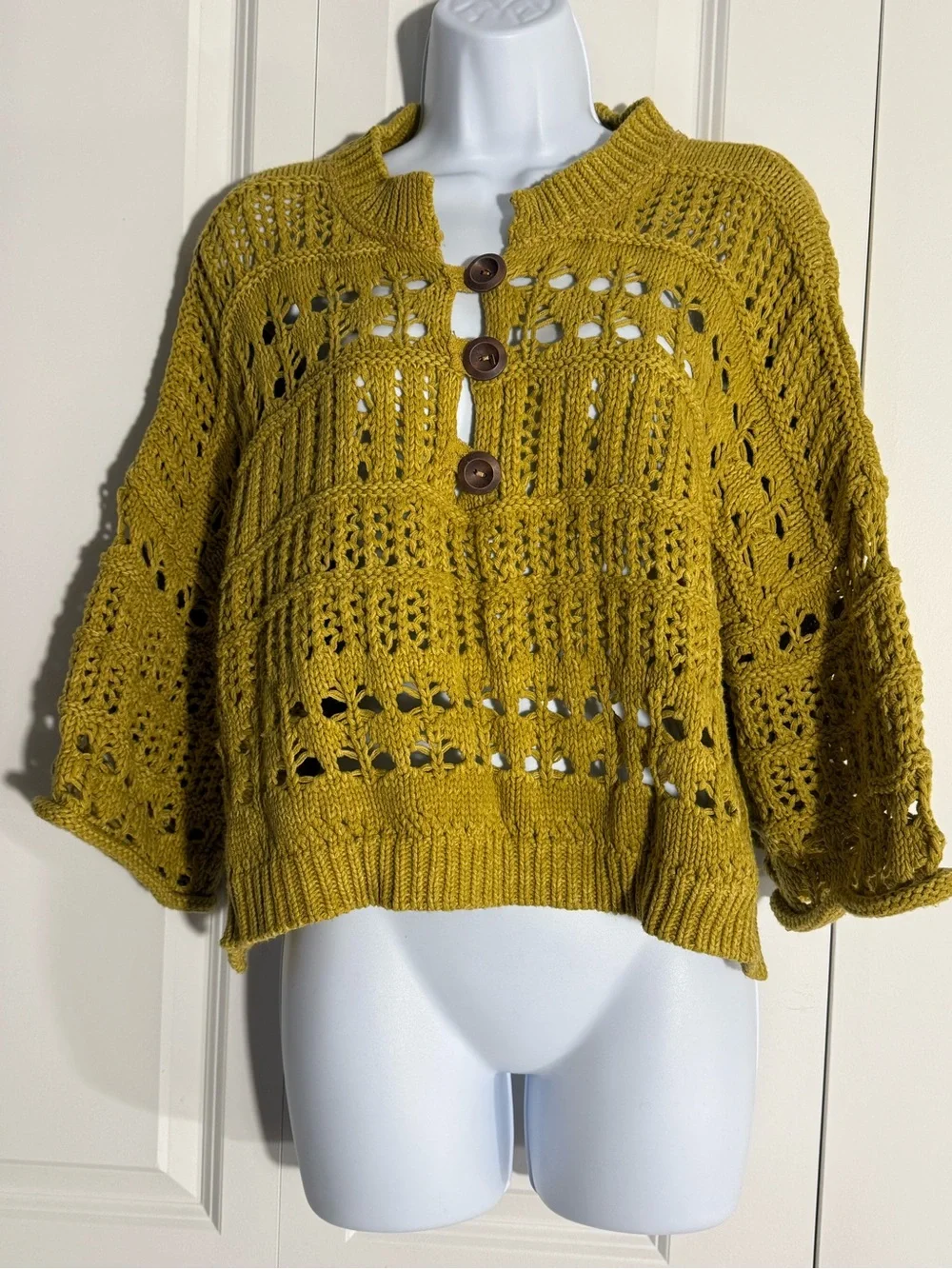 Free People Mustard Open-Knit Button-Front Sweater